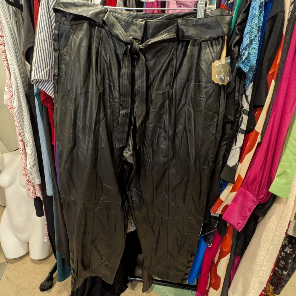 Black Faux Leather Pants with Tie Waist 18 NWT